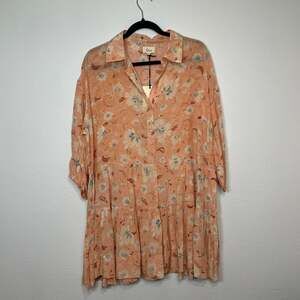 Elan Floral Boho Tiered Button Down Mini Dress Peach Small NWT